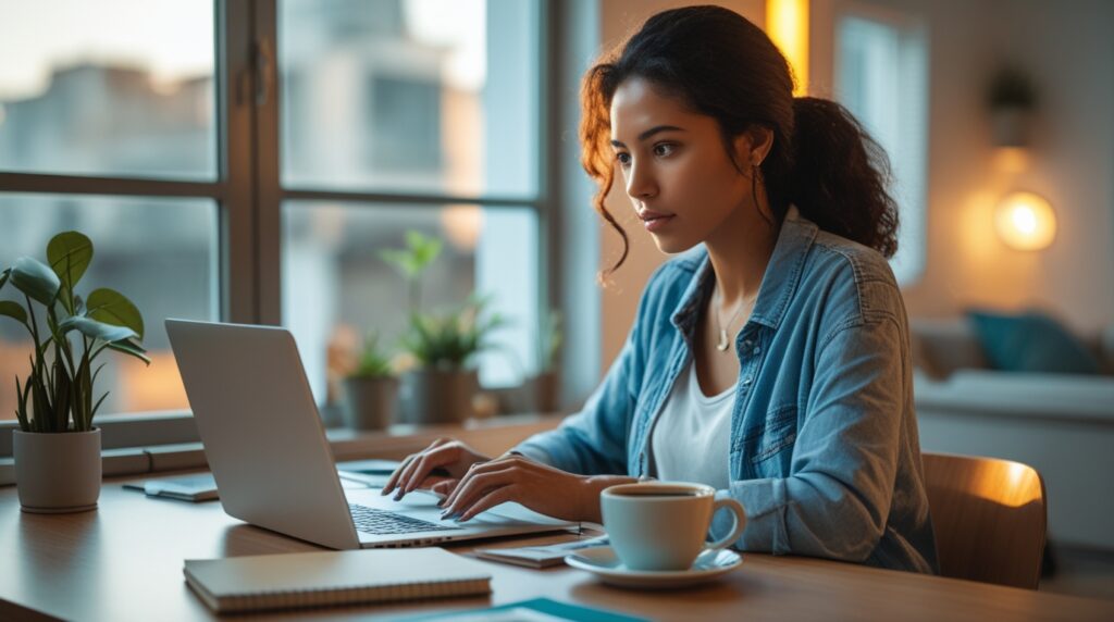Freelancer brasileira trabalhando em casa com notebook usando plataformas como Workana e 99Freelas.