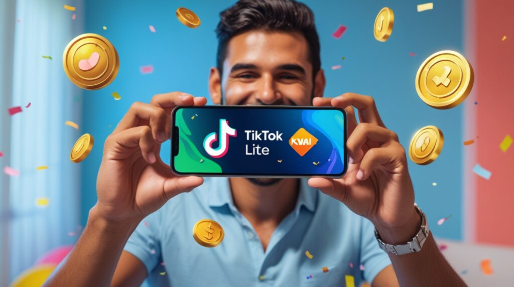 Homem segurando celular com ícones dos apps TikTok Lite e Kwai, representando renda extra com vídeos curtos.