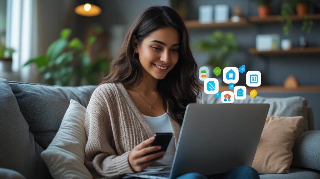 Mulher jovem usando notebook e celular para descobrir apps de renda extra em 2025.