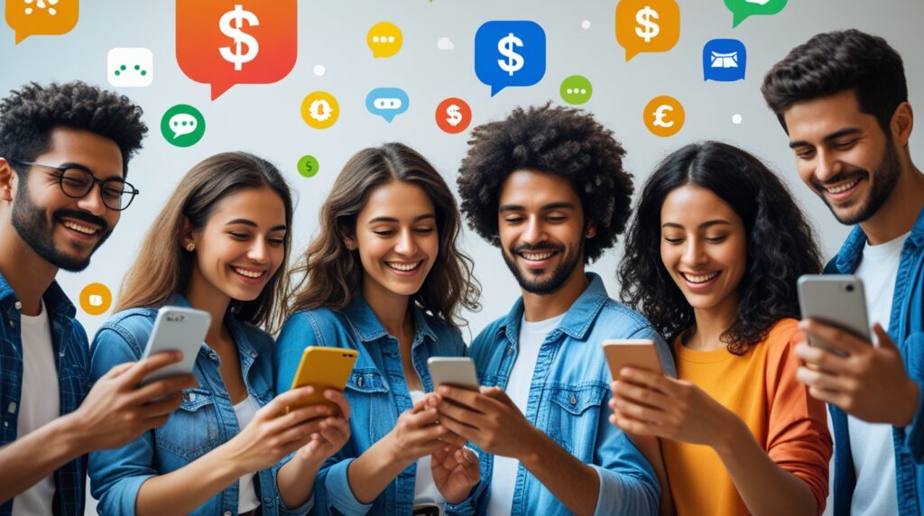 Grupo de pessoas animadas usando celular para testar apps de renda extra em 2025.