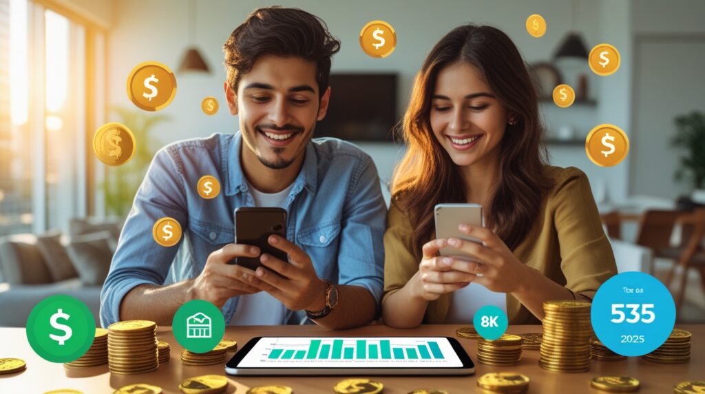 Homem e mulher brasileiros usando celular para ganhar dinheiro com aplicativos de renda extra em 2025.