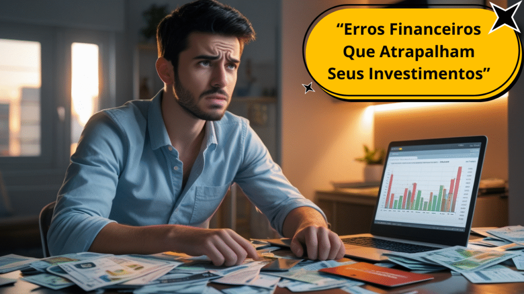 Homem frustrado com contas e gráficos de investimentos negativos, representando erros financeiros.