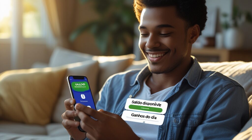 Homem testando aplicativos de renda extra que realmente pagam.