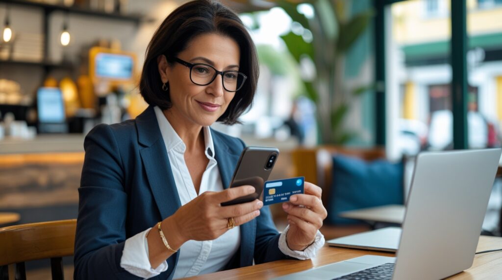 Mulher usando aplicativo de banco digital e cartão de crédito moderno.