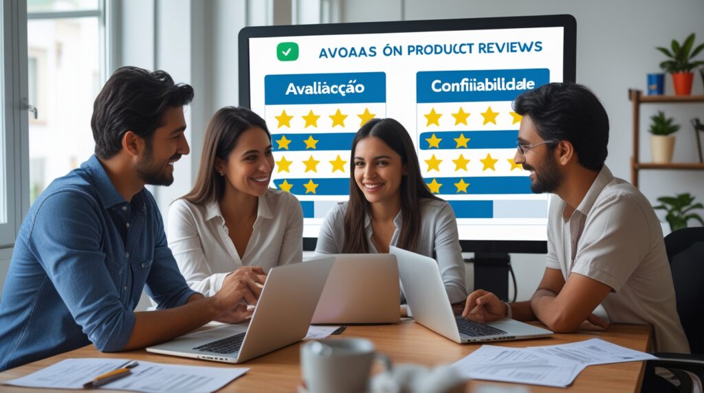 Equipe analisando e comparando produtos e serviços financeiros de forma transparente.