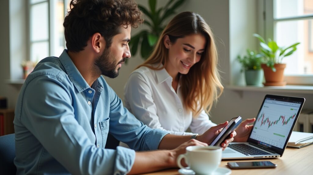 Homem e mulher analisando Reviews de finanças e aplicativos de renda extra em um escritório moderno.
