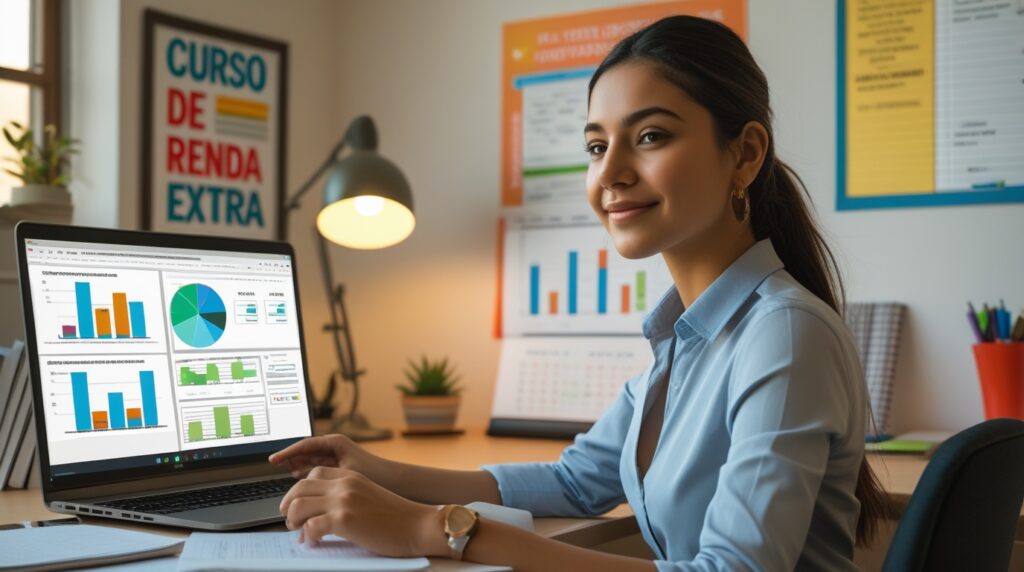 Mulher estudando curso online de finanças e renda extra pelo notebook.