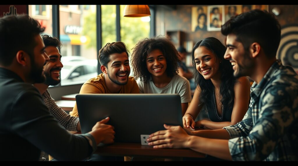 Grupo de jovens discutindo investimentos no Tesouro Direto em cafeteria.