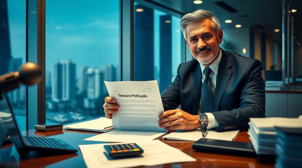 Homem de negócios analisando Tesouro Prefixado em escritório moderno.
