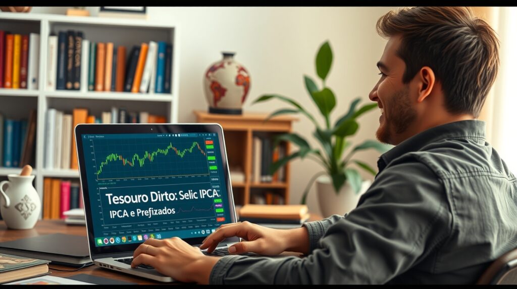 Homem jovem analisando Tesouro Direto Selic, IPCA e Prefixado no notebook com gráficos financeiros.