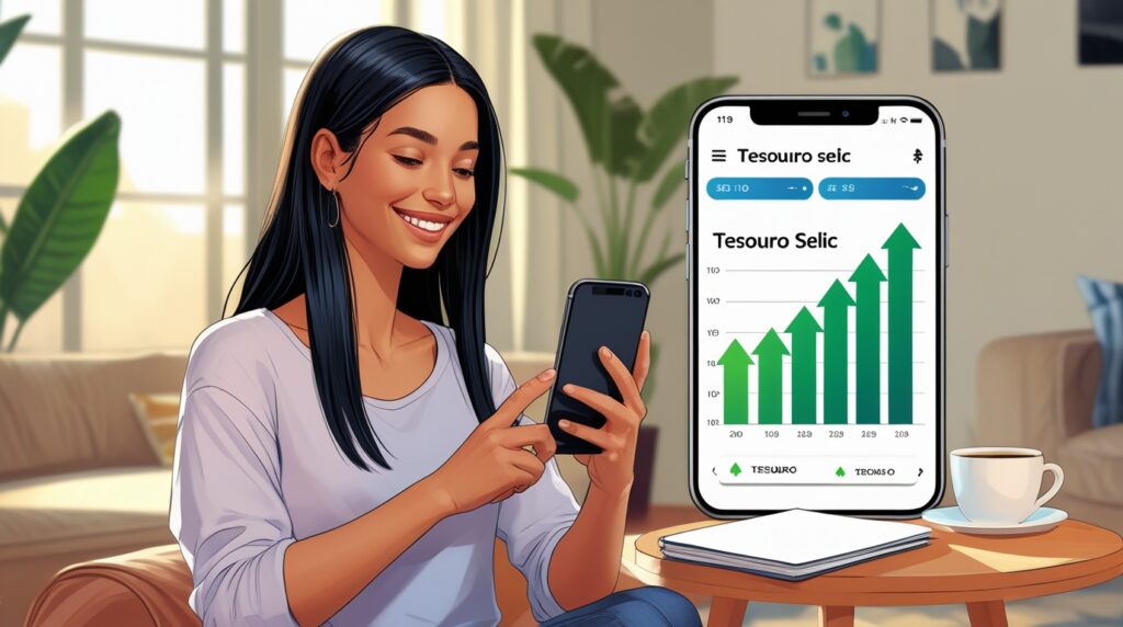 Mulher jovem investindo no Tesouro Selic pelo celular.