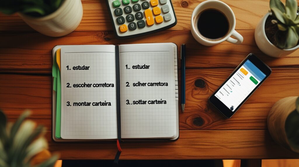 Mesa com caderno mostrando o passo a passo para começar a investir em ações.