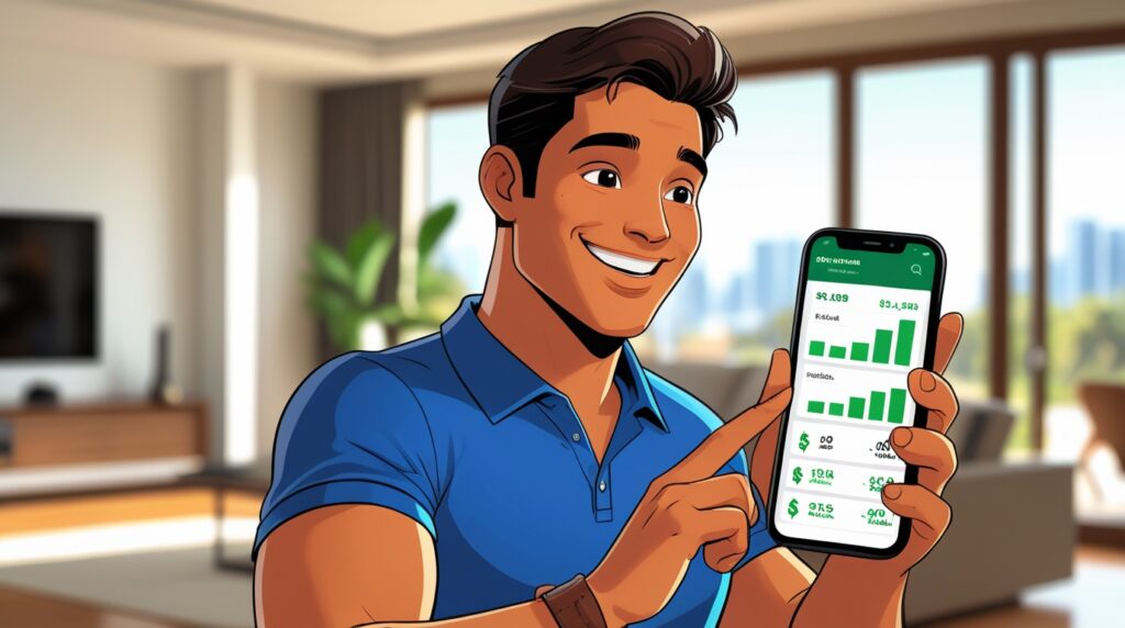 Homem analisando seus investimentos em ações pelo celular, mostrando lucro.