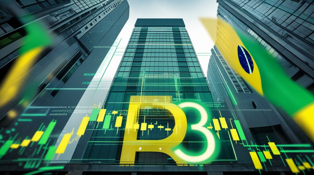 Fachada da Bolsa de Valores B3 com gráficos digitais representando o mercado brasileiro de ações.