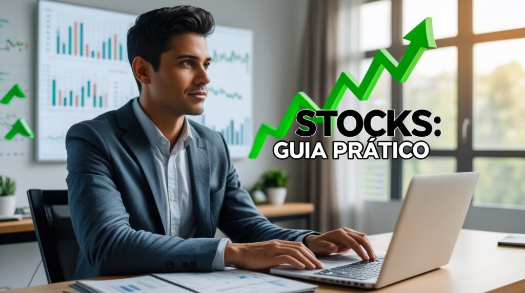 Investidor analisando gráficos de ações em laptop, representando o investimento em stocks.