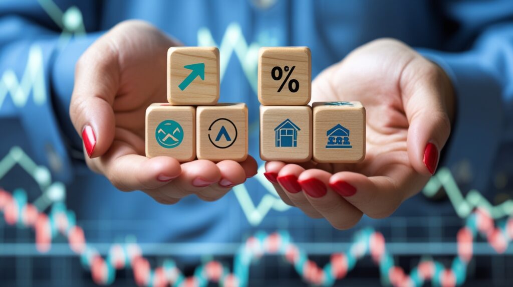 Mãos segurando cubos com ícones financeiros, simbolizando a compra de ações.