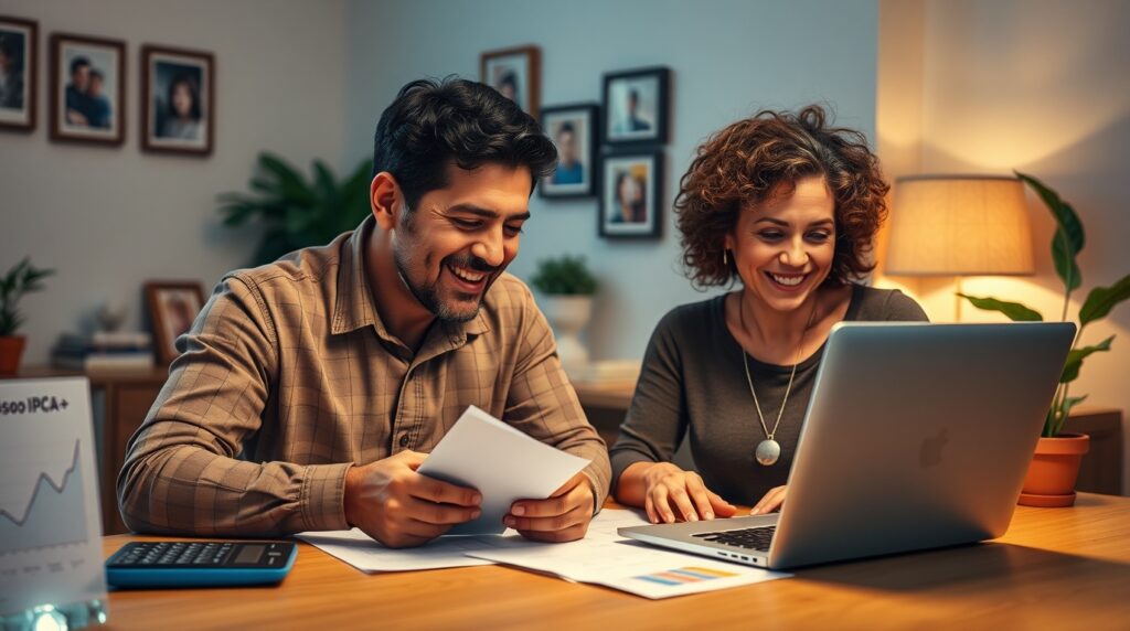 Casal sorrindo enquanto observa o crescimento dos investimentos no Notebook.
