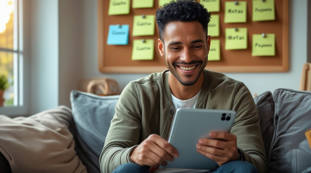 Homem planejando metas financeiras semanais com tablet e anotações em um ambiente aconchegante.