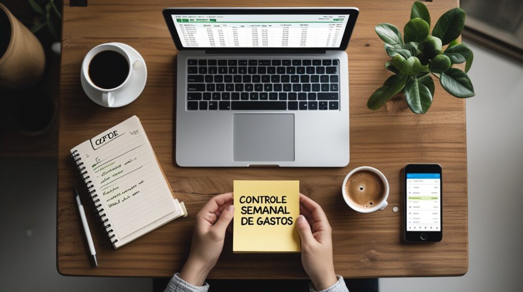 Mesa com notebook, planilha aberta e anotações financeiras ao lado de um café, representando o controle semanal de gastos.