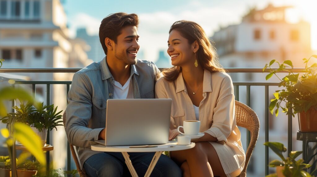 Casal sorrindo em uma varanda com laptop e café, simbolizando tranquilidade financeira depois de organizar suas finanças da semana.