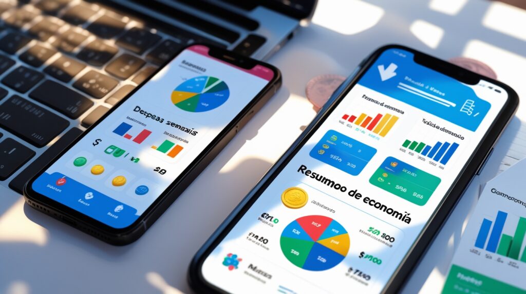 Smartphone e notebook mostrando gráficos e relatórios financeiros semanais em português para organizar suas finanças da semana.