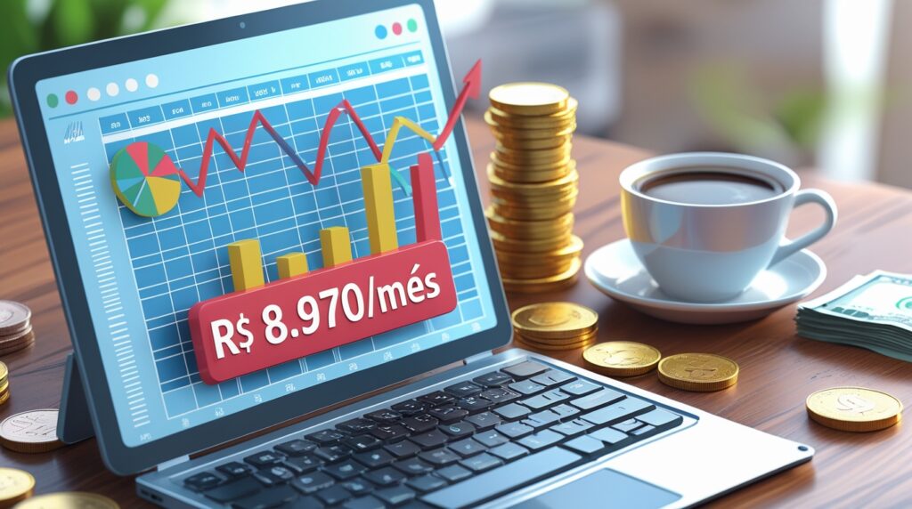 Gráfico mostrando renda mensal de produto digital, representando lucro online.