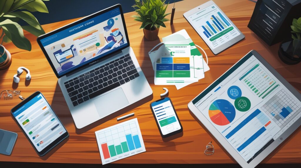 Mesa com dispositivos exibindo diferentes tipos de produtos digitais como e-books, cursos e planilhas.