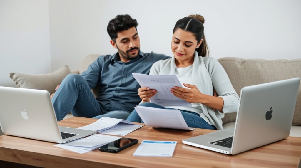 Casal analisando contas e assinaturas para eliminar gastos desnecessários e aprendendo como economizar dinheiro mesmo ganhando pouco.