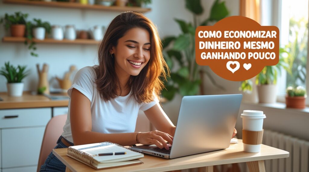 Mulher feliz usando notebook para organizar as finanças e aprender a economizar dinheiro mesmo ganhando pouco.
