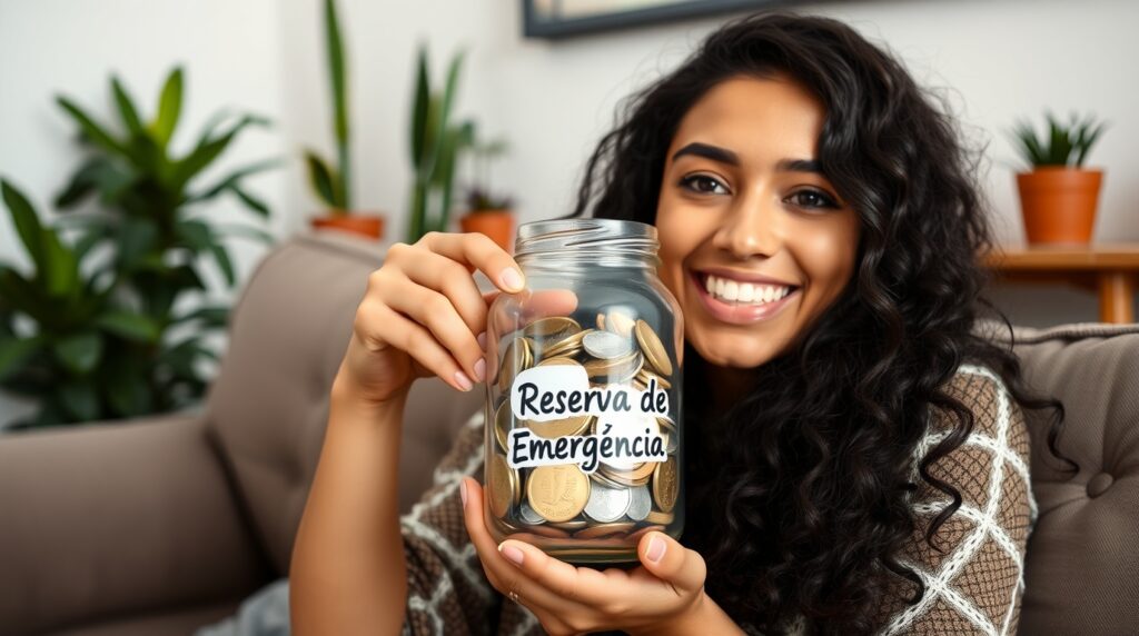Mulher segurando pote de moedas identificado como reserva de emergência depois de aprender como economizar dinheiro mesmo ganhando pouco
