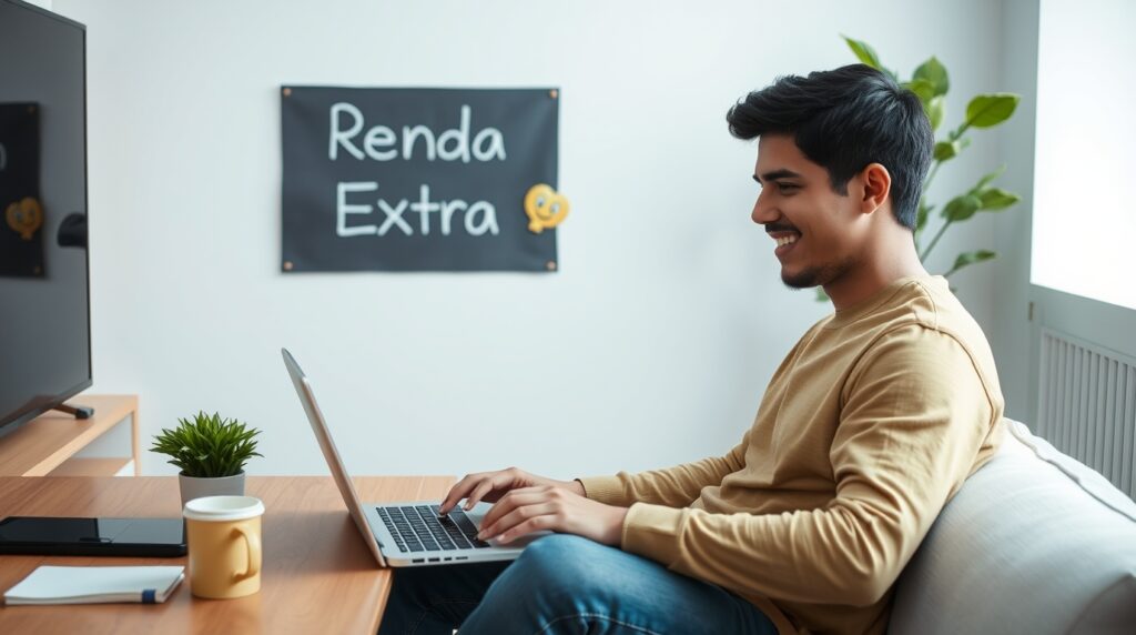 Jovem trabalhando em casa no notebook em busca de novas fontes de renda extra.