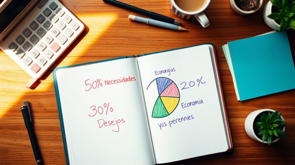Gráfico ilustrando a regra 50-30-20 para organizar o orçamento pessoal e ensinando como economizar dinheiro mesmo ganhando pouco