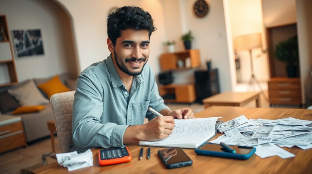 Homem analisando suas finanças pessoais e controlando gastos com calculadora e anotações e aprendendo como economizar dinheiro mesmo ganhando pouco