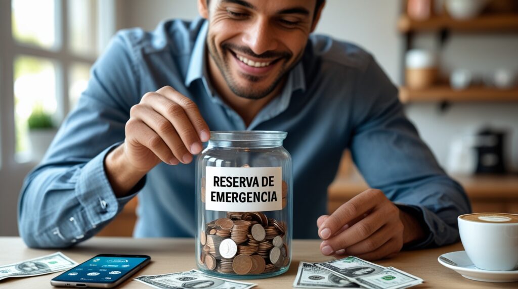 Homem guardando moedas em um pote de reserva de emergência, com aplicativo financeiro aberto ao lado.