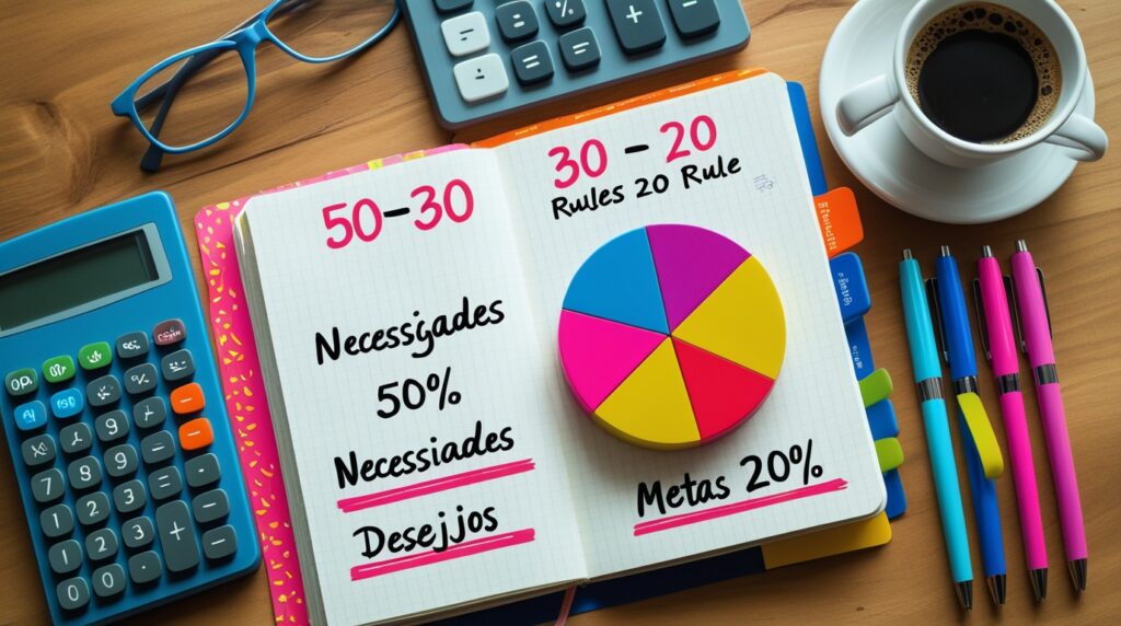 Caderno com gráfico da regra 50-30-20 para organização financeira pessoal e finanças do dia a dia.