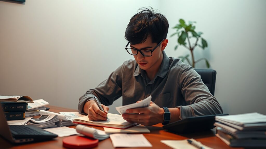 Homem jovem organizando contas e anotações financeiras em casa.
