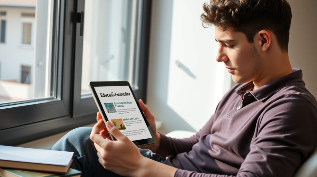 Homem estudando sobre educação financeira em tablet com conteúdo em português.