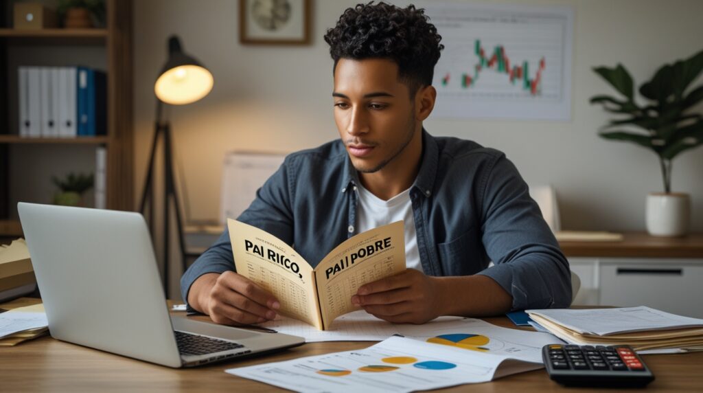 Jovem lendo o livro “Pai Rico, Pai Pobre” e analisando suas finanças pessoais.