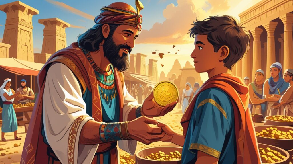 Cena ilustrada da Babilônia antiga representando os ensinamentos financeiros atemporais do livro.