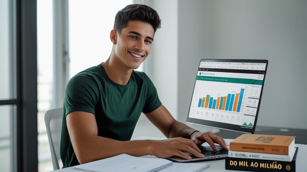 Homem estudando investimentos com o livro “Do Mil ao Milhão” ao lado do notebook.