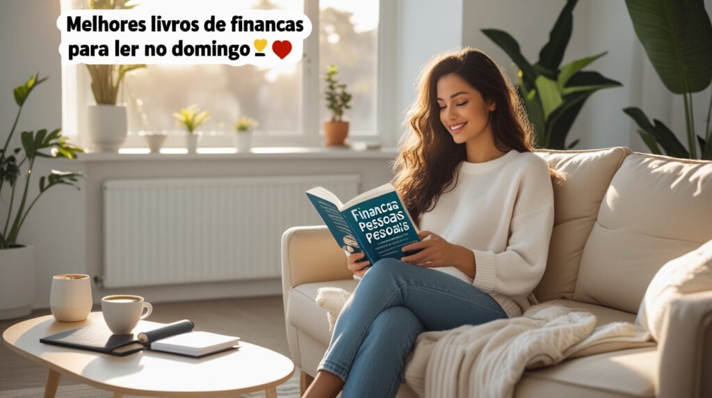 Mulher lendo um livro de finanças pessoais em um domingo de manhã, com café e ambiente acolhedor.