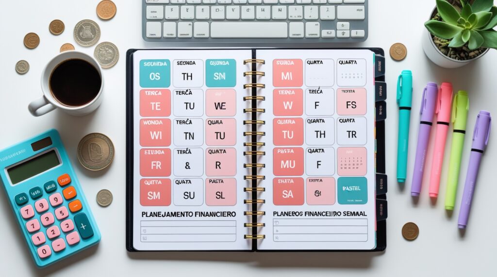 Agenda de planejamento financeiro semanal com dias da semana e materiais de escritório para ler os melhores livros de finanças.