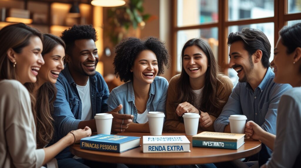 Grupo de amigos discutindo sobre finanças e renda extra em um café moderno com os melhores livros de finanças