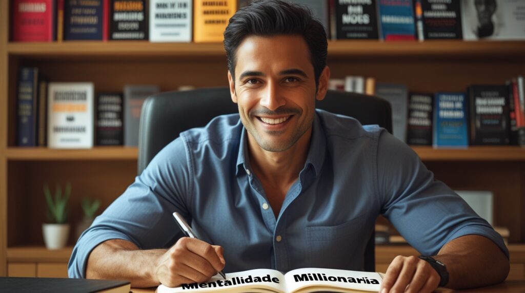 Homem escrevendo “Mentalidade Milionária” em caderno, simbolizando mudança de mentalidade financeira.
