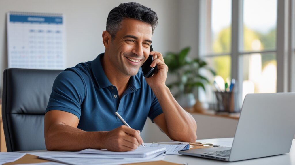 Homem negociando dívidas por telefone para aproveitar o décimo terceiro salário.