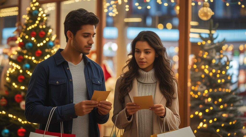 Casal avaliando preços antes de comprar presentes de Natal, demonstrando controle financeiro.
