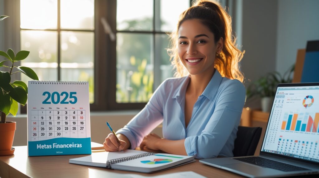 Mulher planejando metas financeiras para o próximo ano usando anotações e calendário.