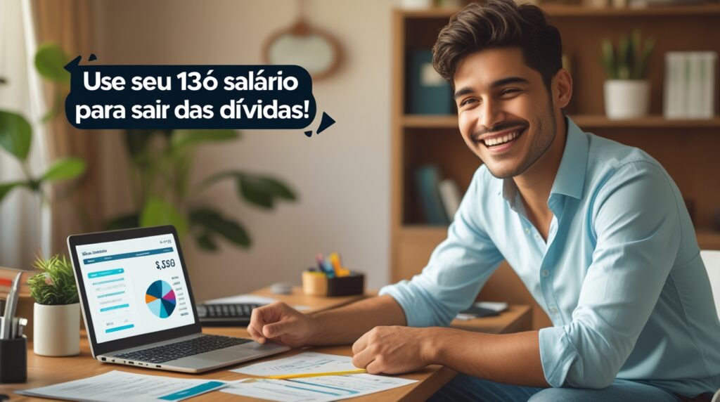 Homem feliz usando o décimo terceiro salário para quitar dívidas e conquistar liberdade financeira.