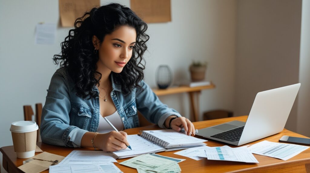Mulher organizando suas dívidas e anotações financeiras em um caderno de planejamento para sair das dívidas com o décimo terceiro salário.