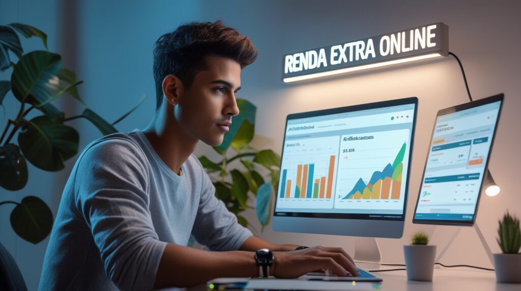 Homem trabalhando com marketing de afiliados e renda online no notebook.